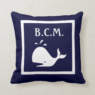 monogram on whale & Anchor WHITE on BLUE PILLOW