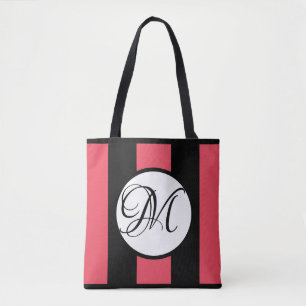 MONOGRAM on WHITE w/WATERMELON & BLACK Stripes Tote Bag