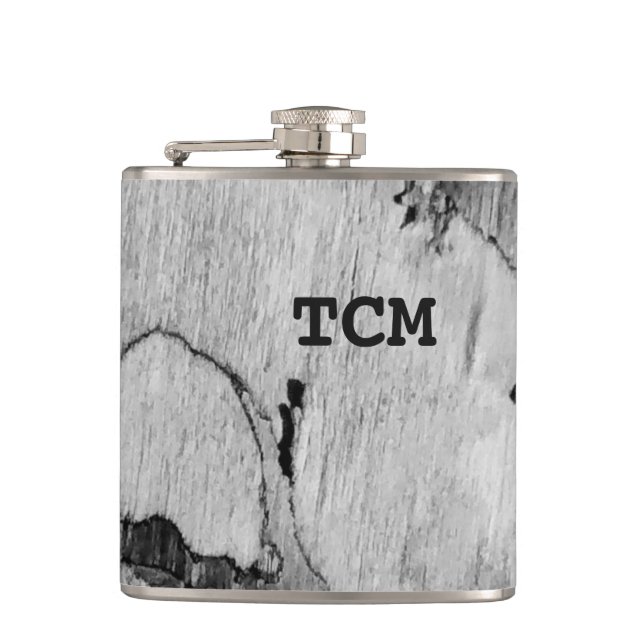 Monogram on wood black and white hip flask (Front)