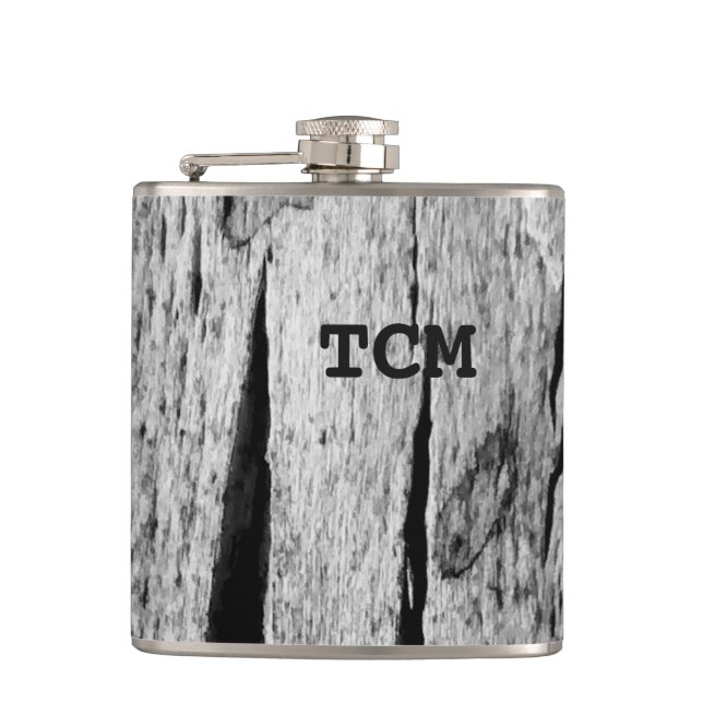 Monogram on wood black and white hip flask (Front)
