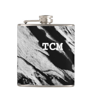 Monogram on wood black and white hip flask