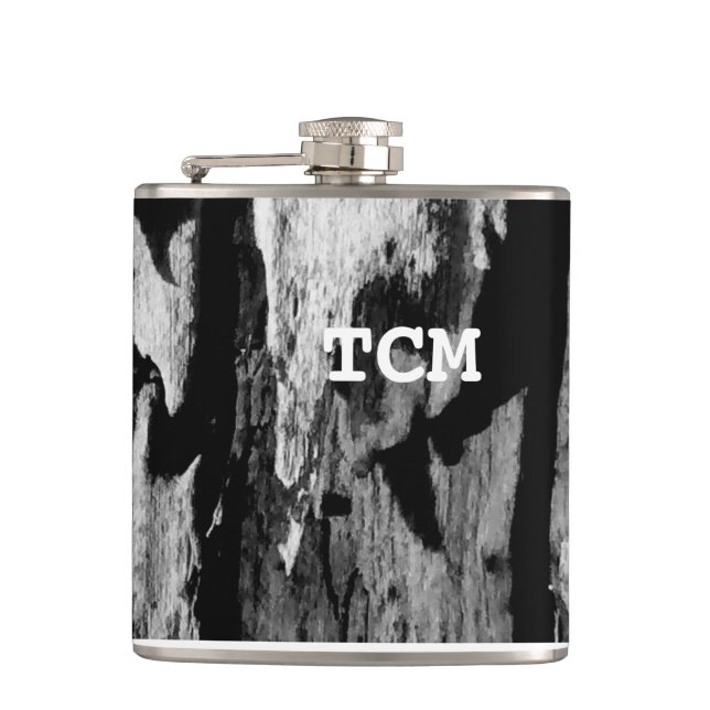 Monogram on wood black and white hip flask (Front)