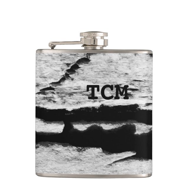 Monogram on wood black and white hip flask (Front)