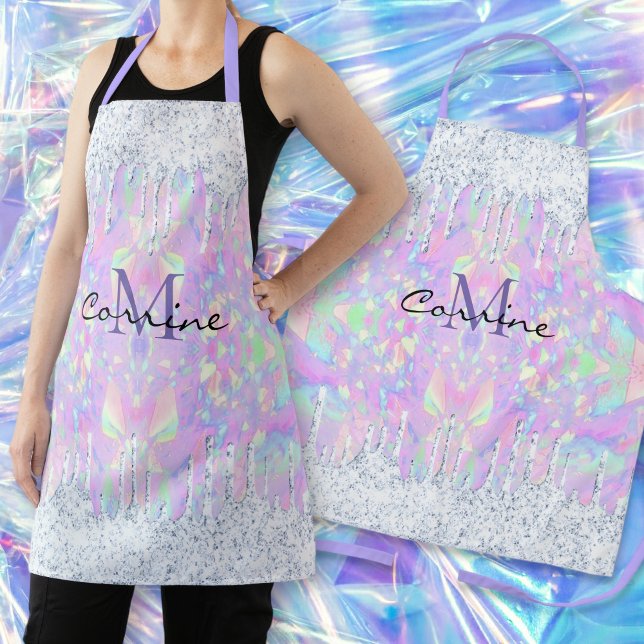 Monogram Opal Dripping Iridescent Ice Glitter Name Apron (Creator Uploaded)