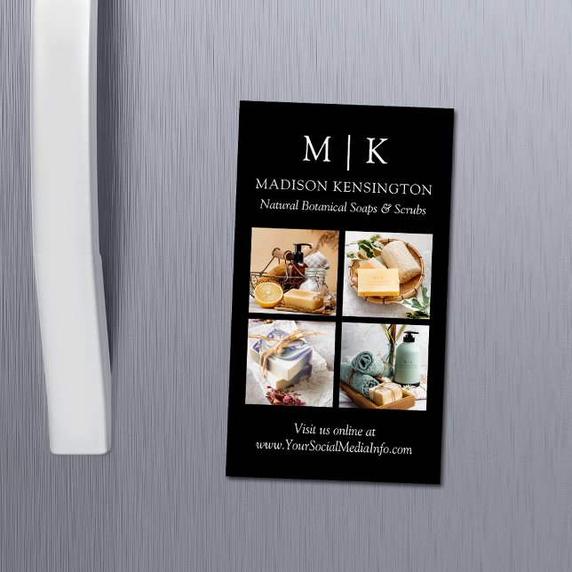Monogram or Add Logo 4 Photos Magnetic Business Card (Edit to Customize text, colors and more)