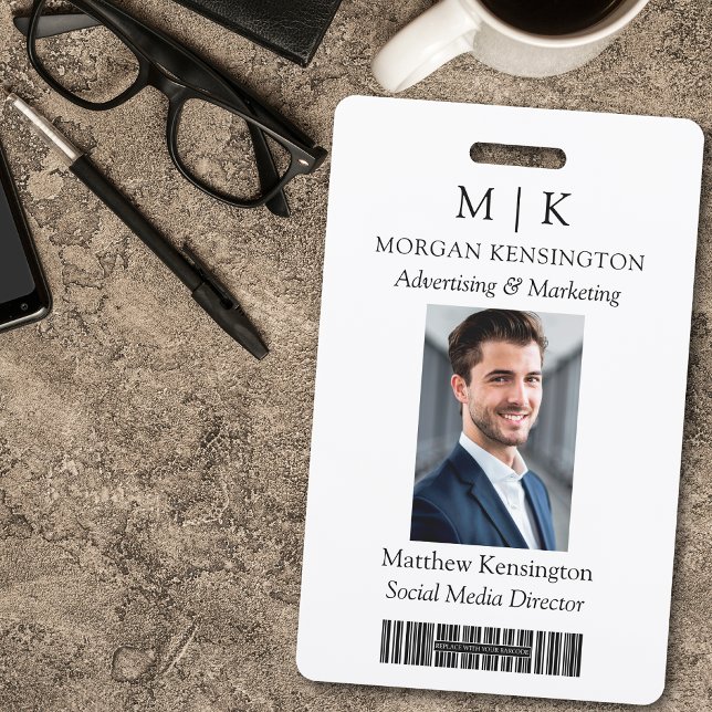 Monogram or Add Logo Business Barcode Photo ID Badge (Edit to Customize text, colors and more)