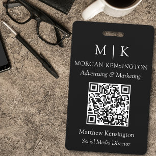 Monogram or Add Logo Business Black QR Code ID Badge