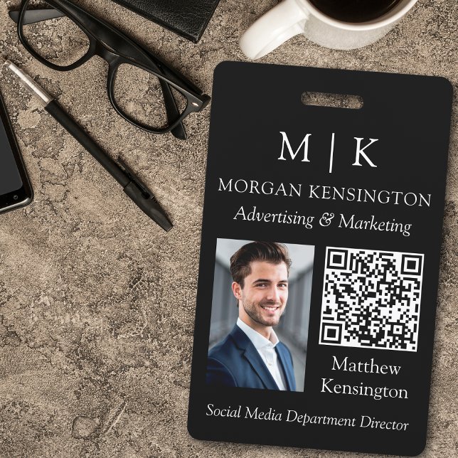 Monogram or Add Logo Business Black QR Code Photo ID Badge (Edit to Customize text, colors and more)