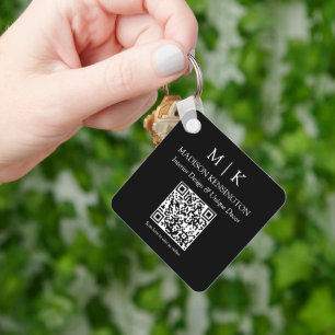Monogram or Add Logo Business Black QR Code Square Key Ring