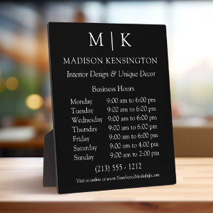 Monogram or Add Logo Business Hours Black Plaque