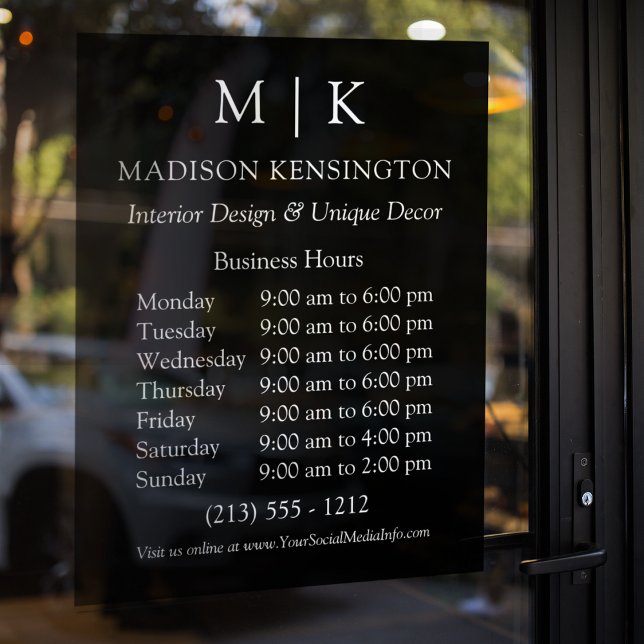 Monogram or Add Logo Business Hours Black Window Cling (Edit to Customize text, colors and more)