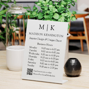 Monogram or Add Logo Business Hours QR Code Pedestal Sign