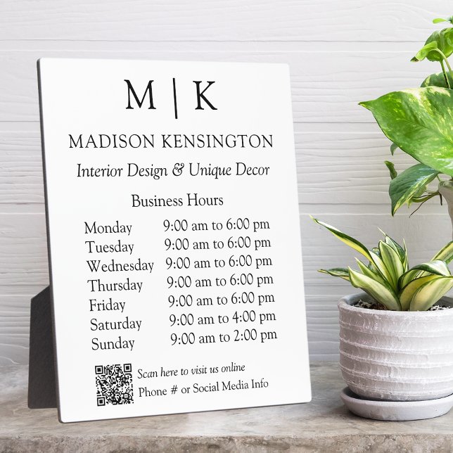 Monogram or Add Logo Business Hours QR Code Plaque (Edit to Customize text, colors and more)