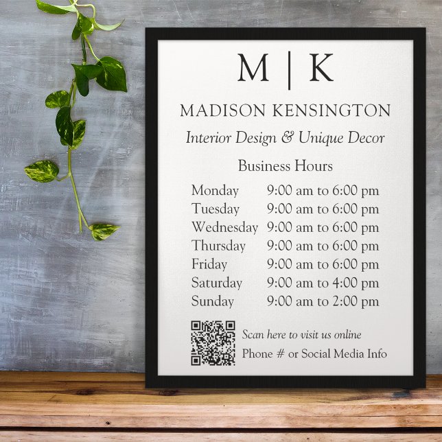 Monogram or Add Logo Business Hours QR Code Poster (Edit to Customize text, colors and more)