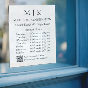 Monogram or Add Logo Business Hours QR Code Window Cling