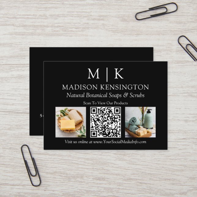 Monogram or Add Logo Business QR Code 2 Photo Business Card (Front/Back In Situ)