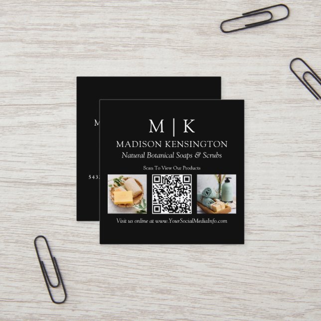 Monogram or Add Logo Business QR Code 2 Photo Square Business Card (Front/Back In Situ)