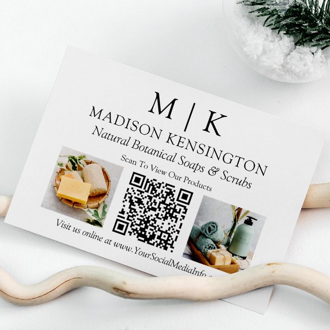 Monogram or Add Logo Business QR Code 2 Photos Business Card (Edit to Customize text, colors and more)