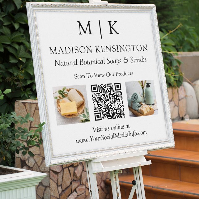 Monogram or Add Logo Business QR Code 2 Photos Poster (Edit to Customize text, colors and more)