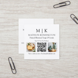 Monogram or Add Logo Business QR Code 2 Photos Square Business Card