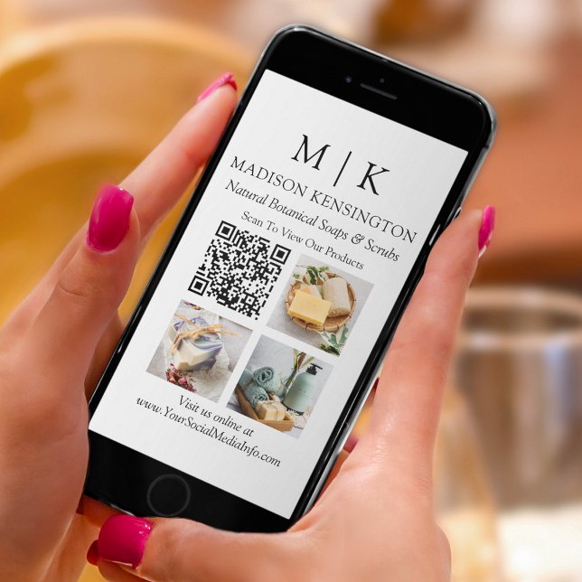 Monogram or Add Logo Business QR Code 3 Photos Card (Edit to Customize text, colors and more)