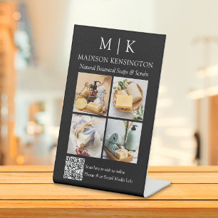 Monogram or Add Logo Business QR Code 4 Photo Pedestal Sign
