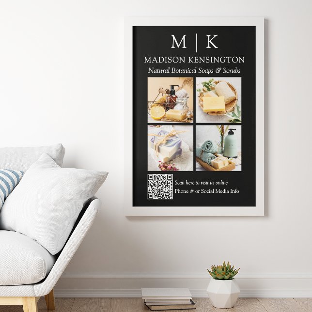 Monogram or Add Logo Business QR Code 4 Photo Poster (Edit to Customize text, colors and more)