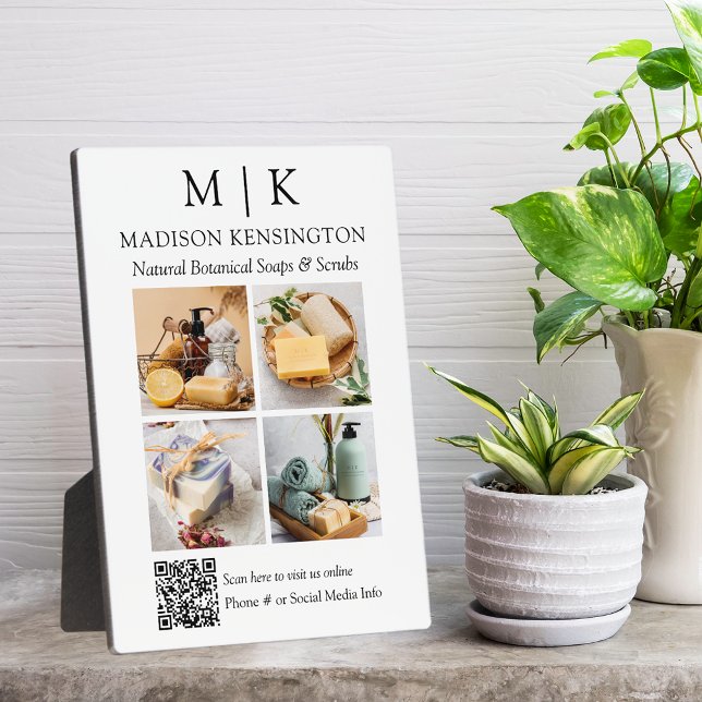 Monogram or Add Logo Business QR Code 4 Photos Plaque (Edit to Customize text, colors and more)