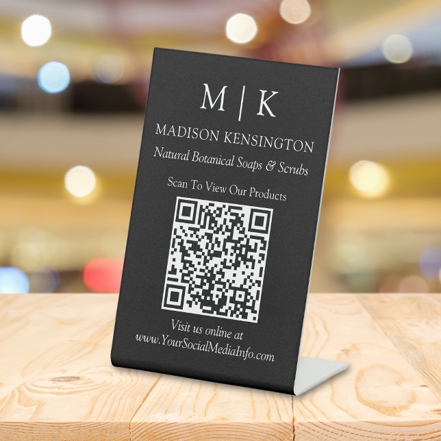 Monogram or Add Logo Business QR Code Black Pedestal Sign (Edit to Customize text, colors and more)