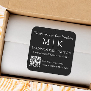 Monogram or Add Logo Business QR Code Black Square Sticker