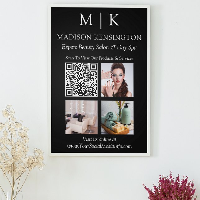 Monogram or Add Logo Business QR Code Photo Black Poster (Edit to Customize text, colors and more)