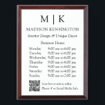 Monogram or Add Logo Business QR Code Wall Plaque<br><div class="desc">Modern Minimalist Business Hours Wall Plaque Sign. Black & White or choose your custom colours. Add your website or social media web address to the QR Scan Code. Perfect for retail companies, small business shops, salons, spas, bakeries, cafes, restaurants, bars and more. Easy to personalise with your monogram initials, business...</div>