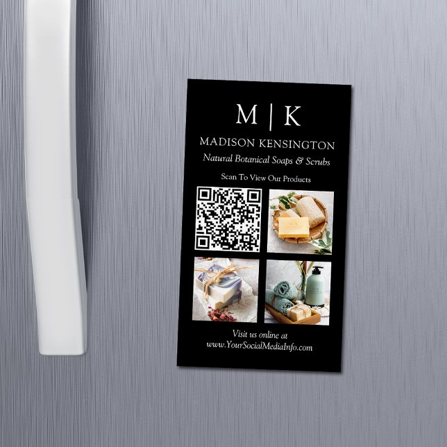 Monogram or Add Logo QR Code 3 Photo Magnetic Business Card (Edit to Customize text, colors and more)