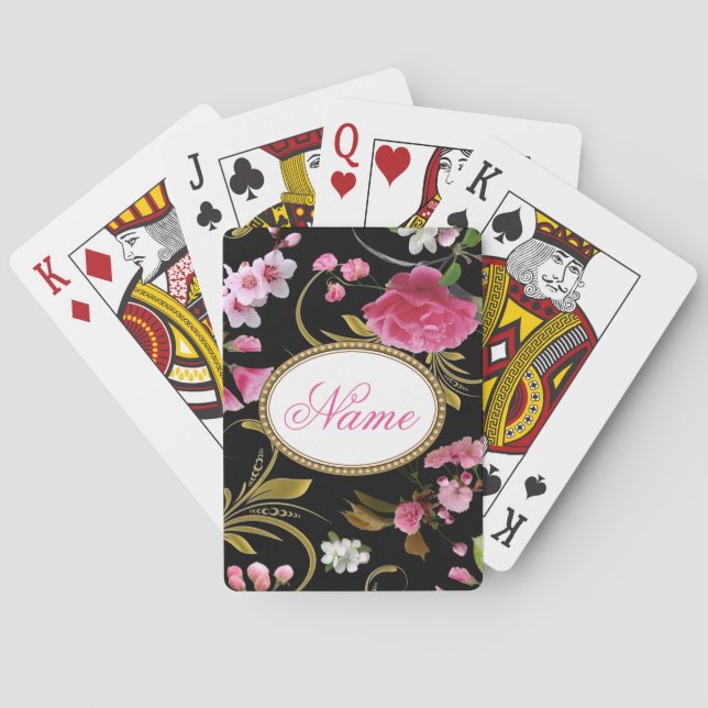 Monogram or Custom Text  Pink Flowers Playing Cards (Back)