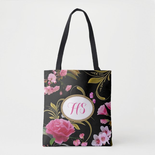 Monogram or Custom Text  Pink Flowers Tote Bag (Front)