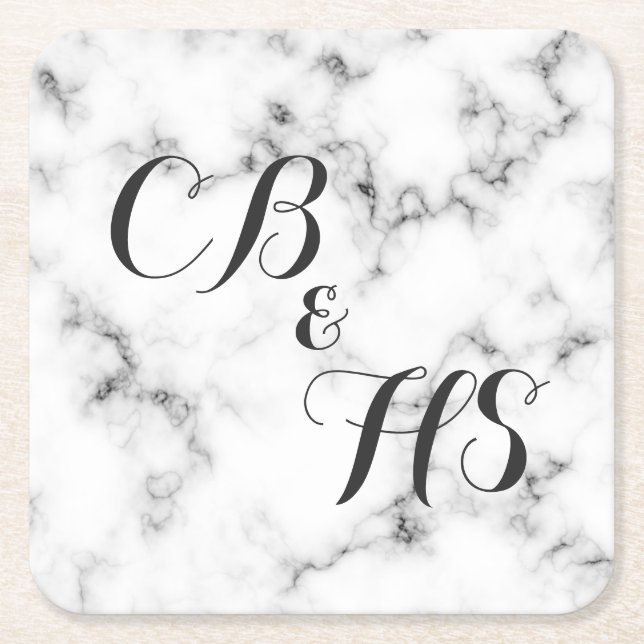 Monogram or initials marble effect square paper coaster (Front)