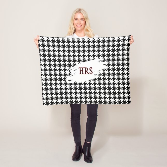 Monogram or Name, Black & White Houndstooth Fleece Blanket (In Situ)