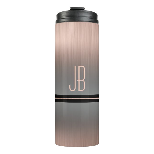 Monogram or Name, Grey Gradient & Rose Gold Thermal Tumbler (Front)