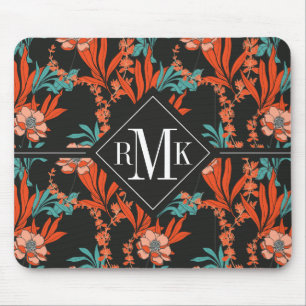 Monogram   Orange Abstract Floral Pattern Mouse Mat