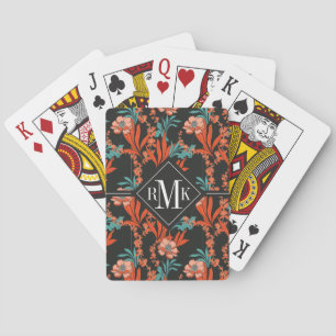 Monogram   Orange Abstract Floral Pattern Playing Cards