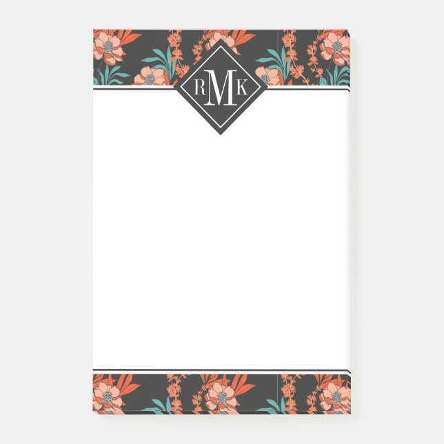 Monogram | Orange Abstract Floral Pattern Post-it Notes (Front)