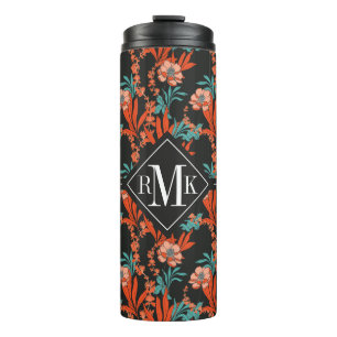 Monogram   Orange Abstract Floral Pattern Thermal Tumbler