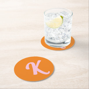 Monogram orange and pink round paper coaster