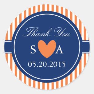 Monogram Orange and White Stripes with Royal Blue Classic Round Sticker