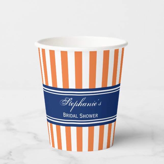 Monogram Orange and White Stripes with Royal Blue Paper Cups (Front)