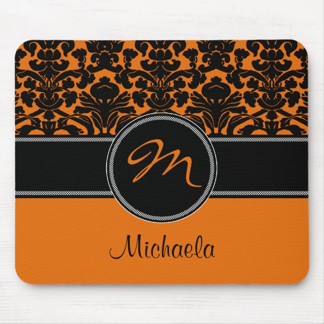 Monogram Orange Black White Damask Mousepad (Front)