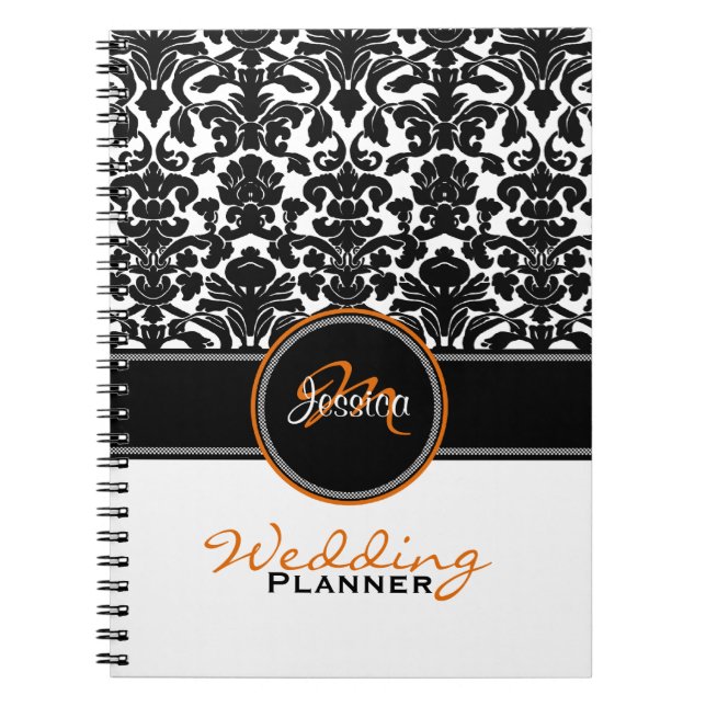Monogram Orange Black White Damask Wedding Planner Notebook (Front)