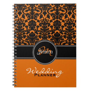 Monogram Orange Black White Damask Wedding Planner Notebook