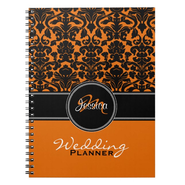 Monogram Orange Black White Damask Wedding Planner Notebook (Front)