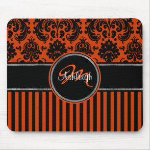 Monogram Orange Black White Stripe Damask Mousepad